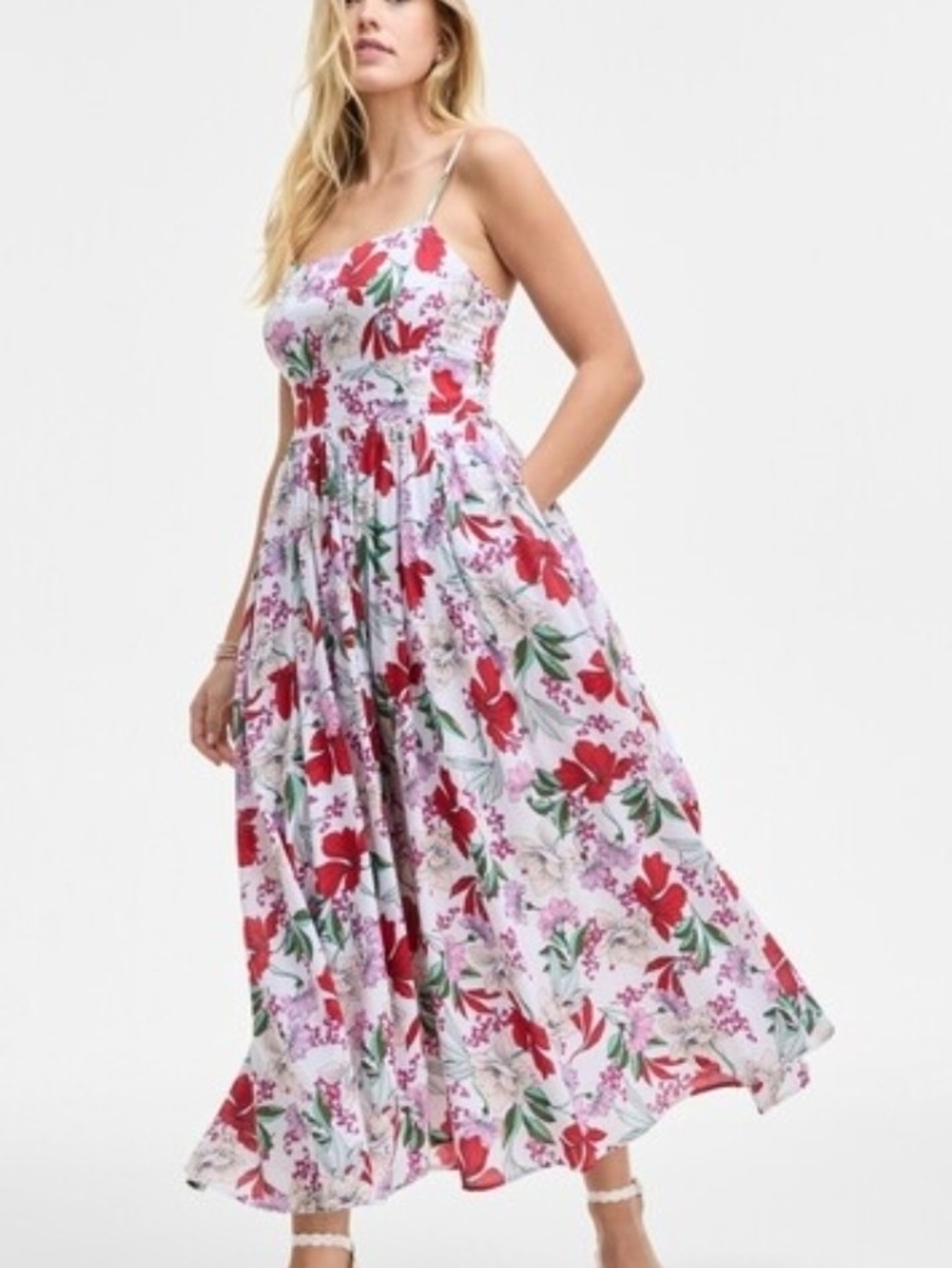 Spaghetti-Strap Floral Maxi Dress in White and Red